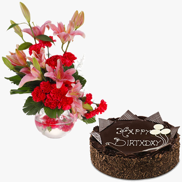 Bouquet of Lilies, Cake & Chocolate